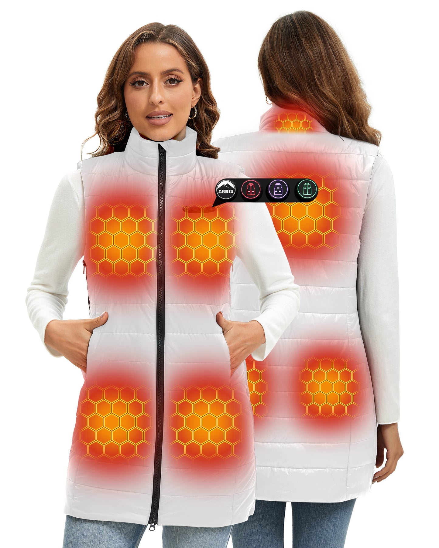 ARRIS Women`s Long Graphene Heated Vest 8 Heat Zones Size Adjustable Adjustable Long Length Puffer Heating Vest with 7.4V Battery Pack