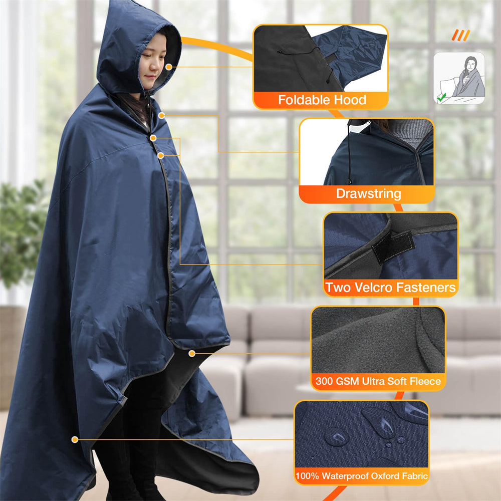 DUKUSEEK Hoodie Blanket Waterproof for Outdoor Camping, Picnic, Stadium, Sports, Beach, Concerts, Car, Dogs, Stadium Blanket Fleece Blanket Extra Large with Hood (79 x 56 inches) Navy Blue