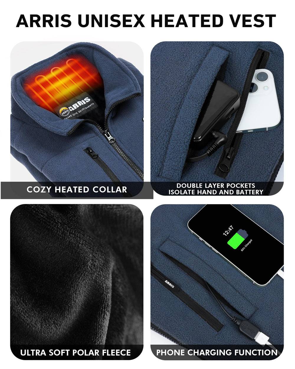 2024 New ARRIS Fleece Heated Vest For Women 7.4V Electric Warm Vest With 7500mah Battery Pack Size Adjustable