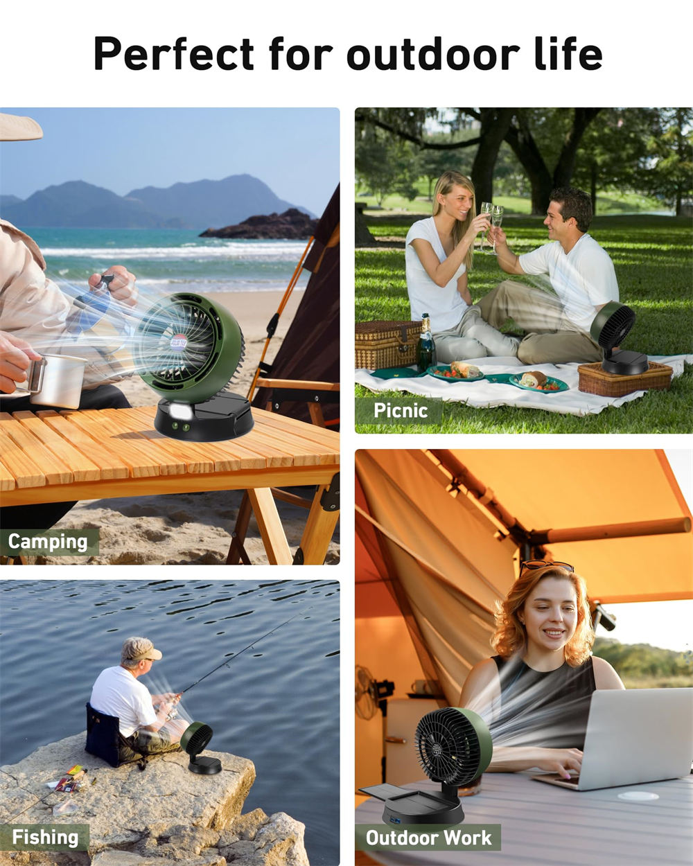 portable fan are suitable for outdoor camping, picnic, fishing, work
