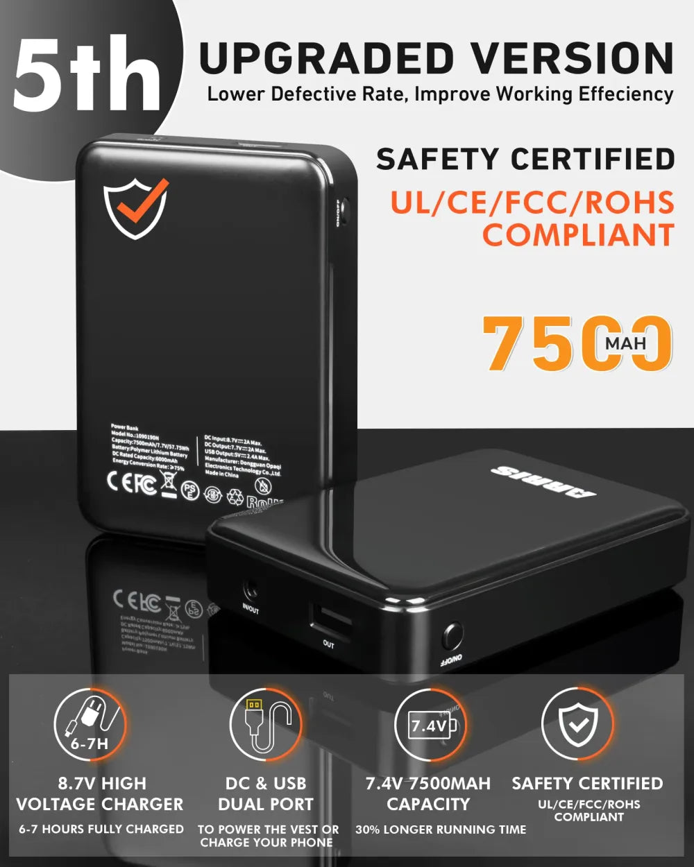 arris heated vest comes with a 7500mah battery.