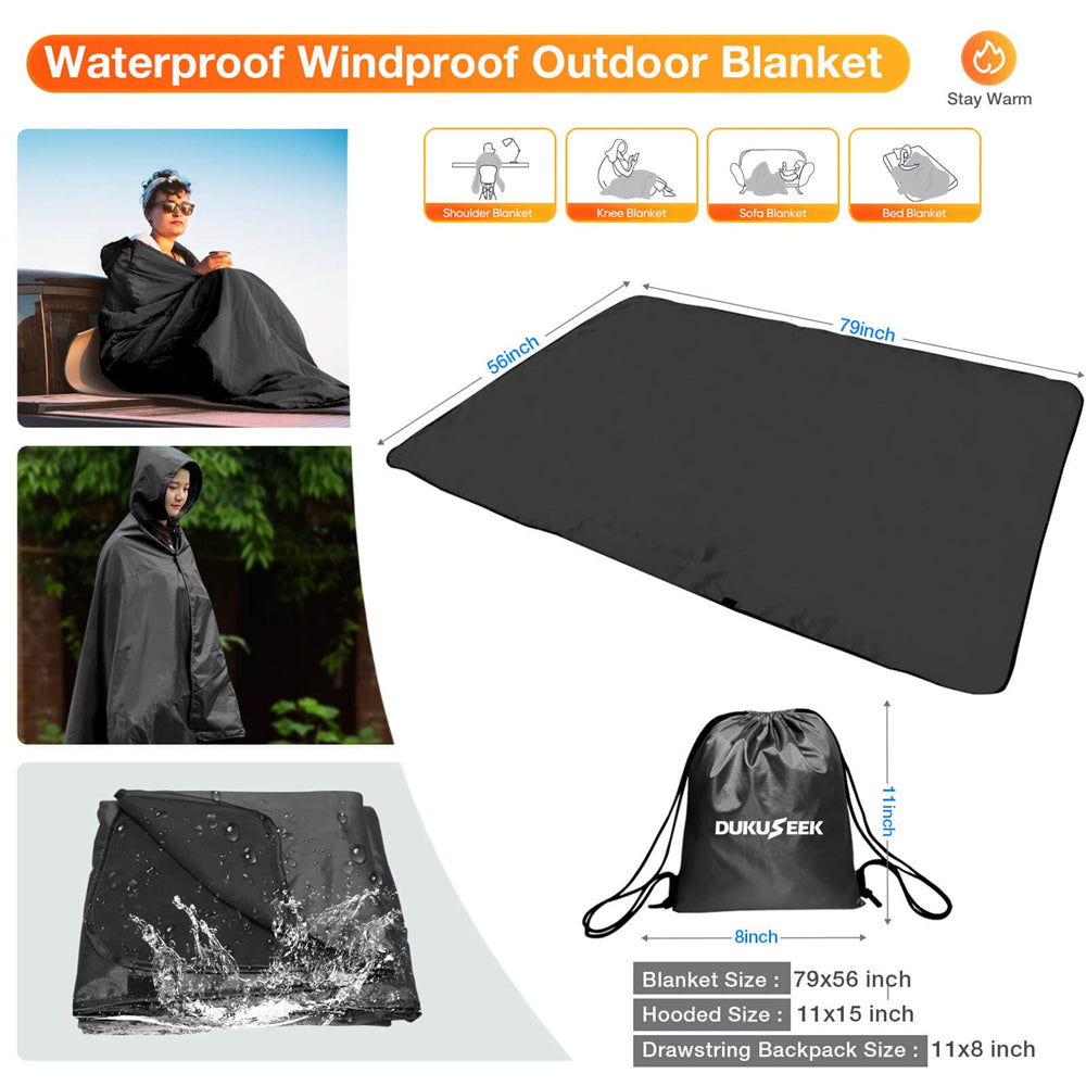 DUKUSEEK Hoodie Blanket Waterproof for Outdoor Camping, Picnic, Stadium, Sports, Beach, Concerts, Car, Dogs, Stadium Blanket Fleece Blanket Extra Large with Hood (79 x 56 inches) Navy Blue