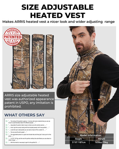 ARRIS Heated Hunting Vest for men, Size Adjustable 7.4V Camo Heating Vests with Battery for Hunting, Hiking