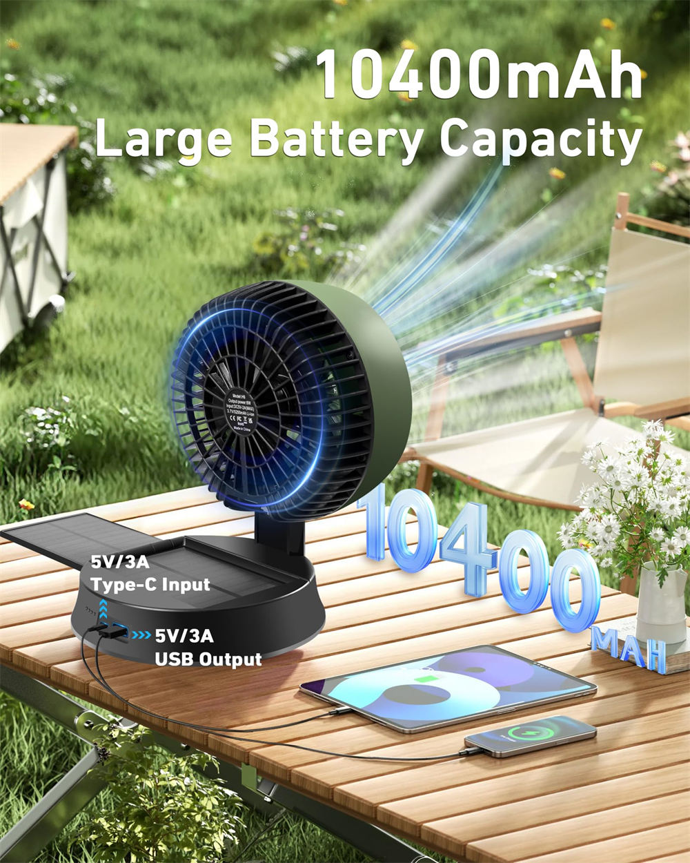 solar fan wirh 10400mah large battery capacity