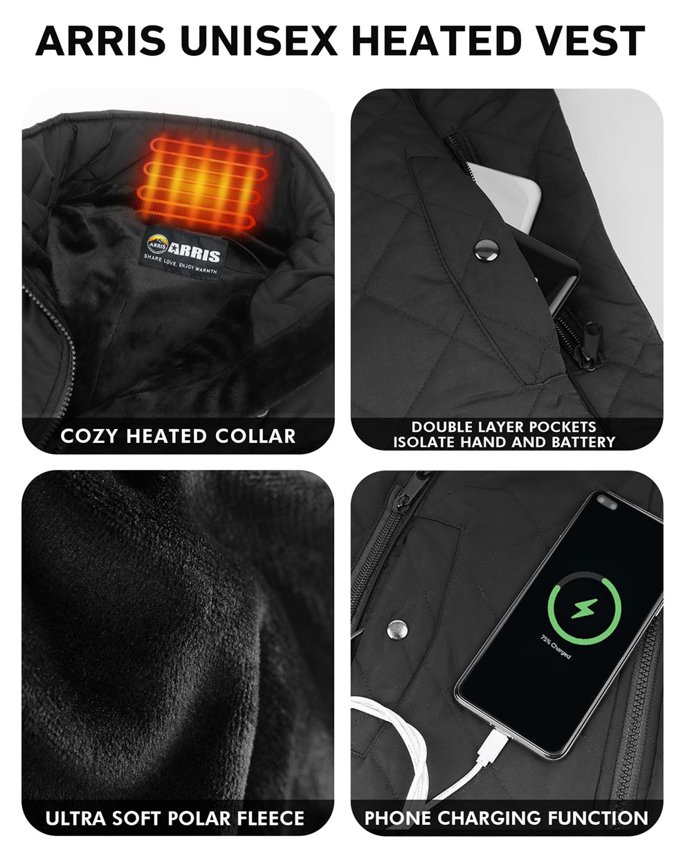 ARRIS Heated Vest for Women, Size Adjustable 7.4V Electric Warm Vest 8 Heating Panels with Battery - RED